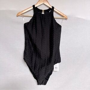 NWT Black Textured Women High Neck Swimsuit One Piece